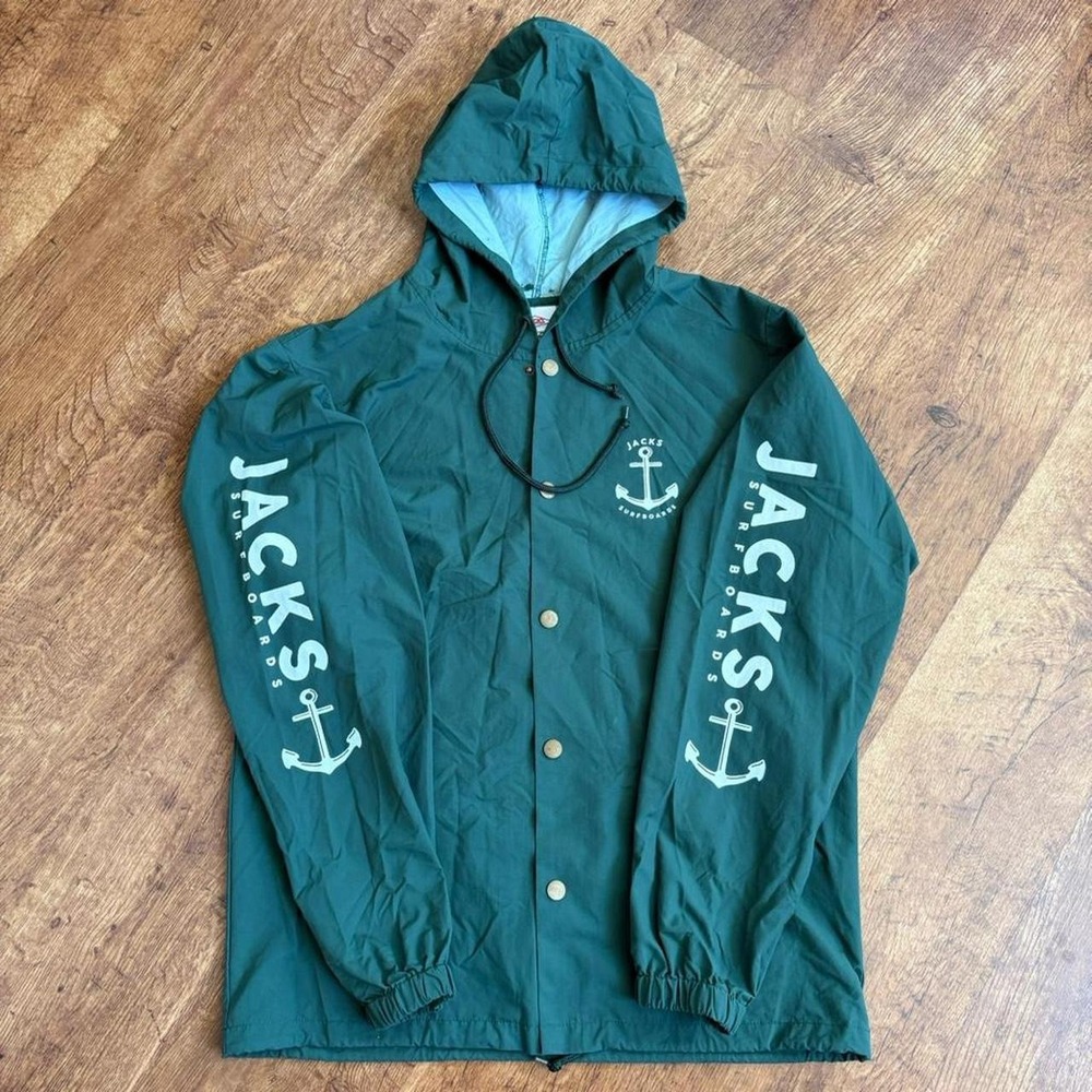 Jacks Surfboards Hooded Coach Jacket Forest Green Mens Large Anchor Graphic